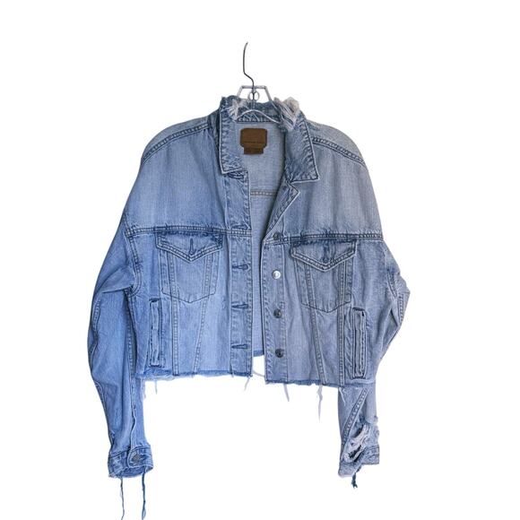 American Eagle Cropped Denim Boyfriend Jacket Raw Hem Distressed Small Y2K Fall - Picture 2 of 6